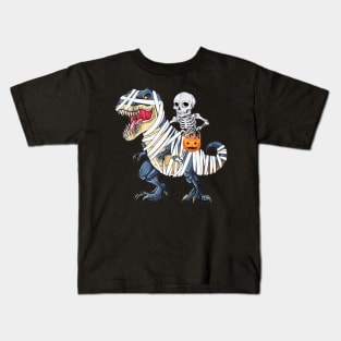 Skeleton Riding T-Rex Funny Halloween Kids T-Shirt